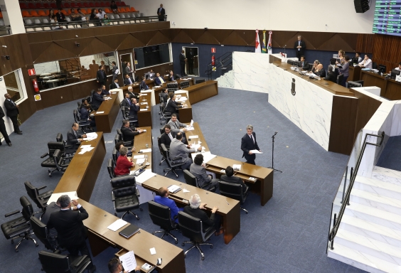 Vista superior dos Plenário Amynthas de Barros durante reunião. Parlamentares ocupam seus lugares.