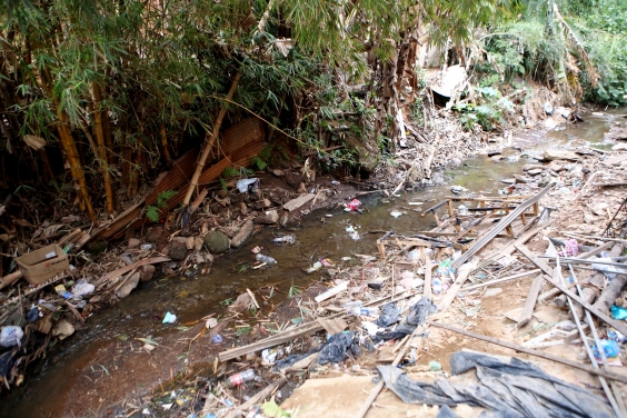 Córrego assoreado, sujo, poluído, com entulhos e dejetos de todo tipo