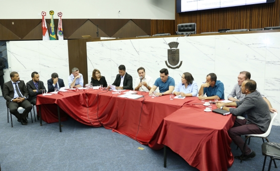 Parlamentares e convidados compõem mesa de reunião