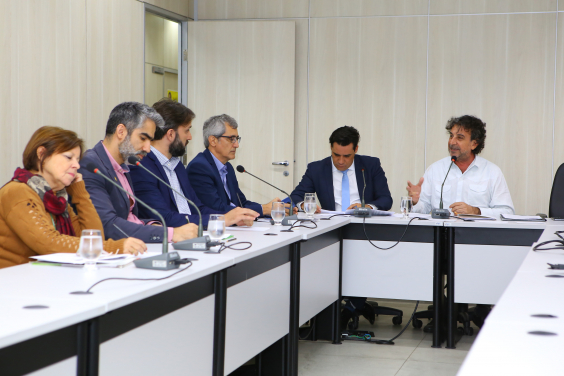 Parlamentares e convidados compõem mesa de reunião