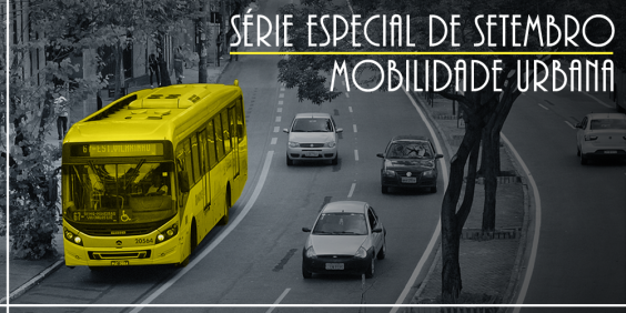 Foto em preto e branco; vista panorâmica de avenida com carros em circulação. ônibus em destaque na cor amarela. Texto sobre a imagem diz "Série Especial de Setembro: Mobilidade Urbana"