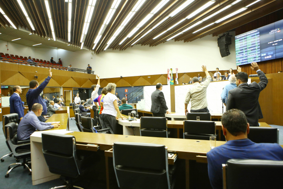 Vereadores estão de pé diante da Mesa Diretora, com os braços levantados, se manifestando contra a provação de PL em votação simbólica