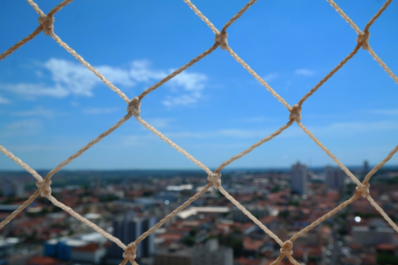 Janela com rede de proteção e paisagem urbana ao fundo, com árvores, casas e céu azul. 