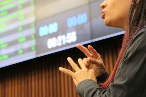 Tradutora de libras atua em frente ao painel de votação do PL