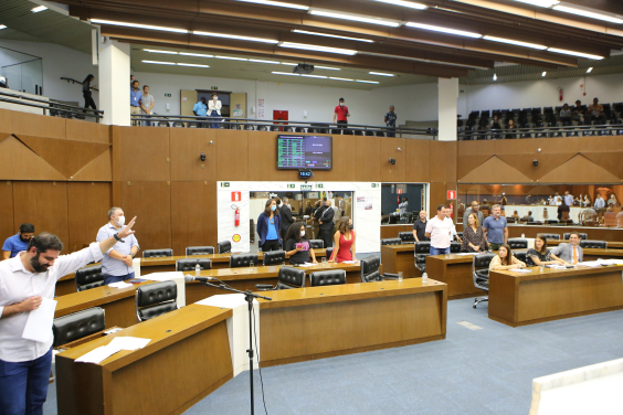 Visão do Plenário. Vereadores de pé manifestam voto