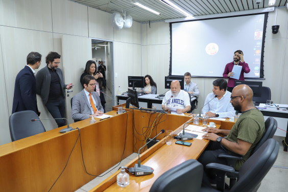 Imagem dos participantes da reunião. Na cabeceira da mesa, o presidente interino, Henrique Bragaa