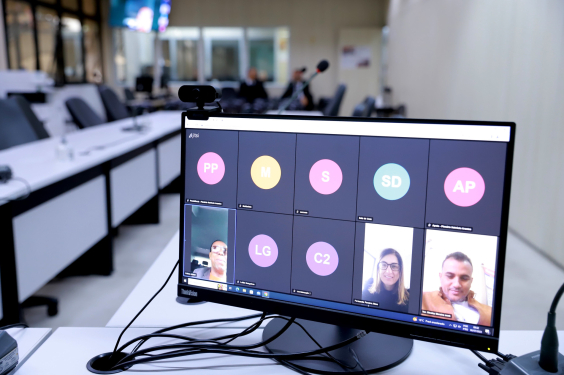 Sete parlamentares participam de reunião virtual. O rosto de três deles apareem em tela de computador. 