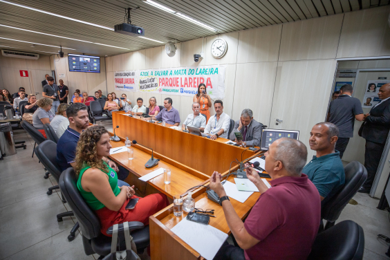 Imagem do Plenário Camil CAran lotado com participantes da audiência. Ao fundo , é possível ver faixas com dizes favoráveis a criação do parque do Lareira