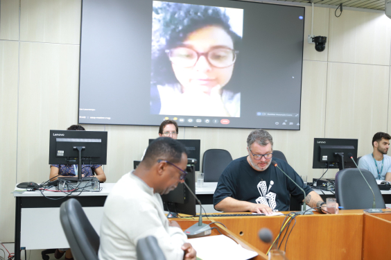 Imagem dos vereadores Pedro Patrus e Gilson Guimarães durante a reunião. A vereadora Iza Lourença aparece na imagemdo telão ao fundo
