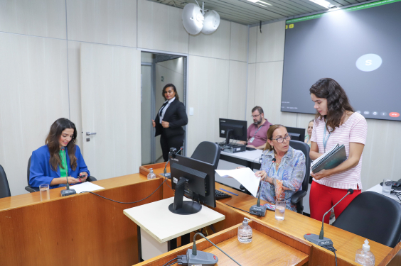 Imagem da presidente Professora Marli (PP) e da vereadora Marcela Trópia (Novo) durante a reunião