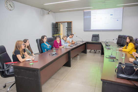 Uma vereadora reunida representante da Fundação Dom Cabral, e equipe da Câmara, totalizando sete pessoas, sentadas à mesa