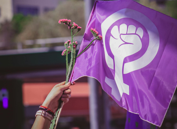 mãos hasteiam bandeira com símbolo do fim da violência contra a mulher