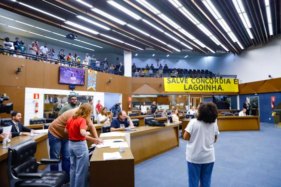 Vereadores durante reunião sobre o projeto com população presente nas galerias ao fundo