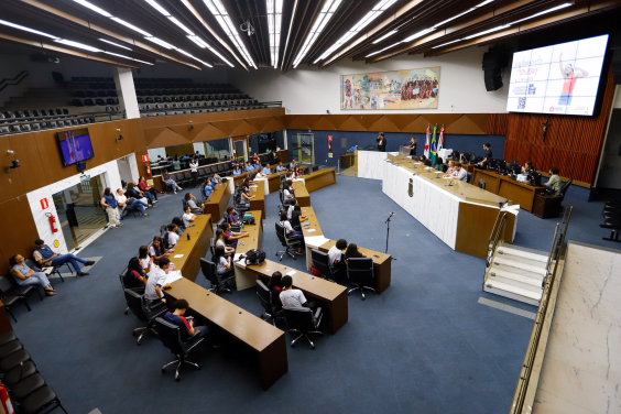jovens participantes do parlamento jovem no plenário da câmara