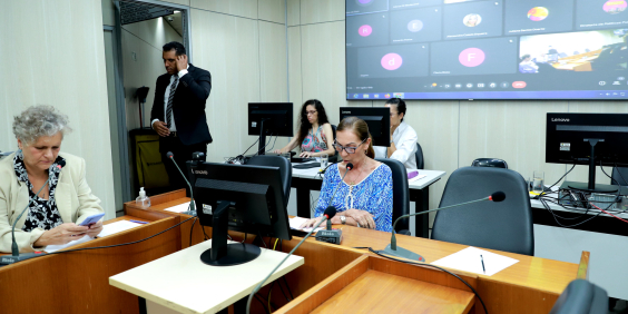 Imagem das vereadoreas Professora Marli (PP) e Cida Falabella (Psol) em reunião no Plenário Camil Caram 