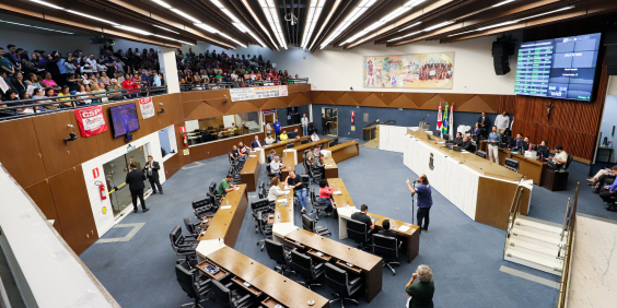 vista do alto de reunião do plenário com os vereadores e público presentes