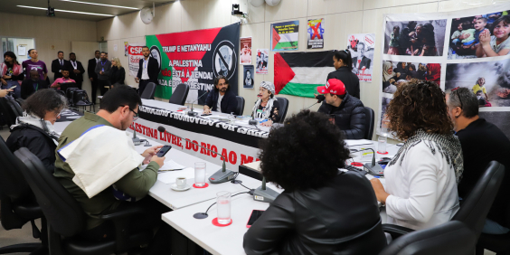 Vereadores e convidados participam de audiência no Plenário Helvécio Arantes, bandeiras da palestina estão afixadas nas paredes
