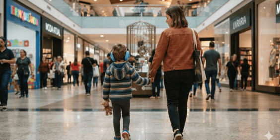Criança e mulher passeiam em centro de compras. A criança usa um abafador de ruído