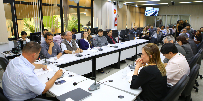parlamentares e convidados compõem mesa de reunião