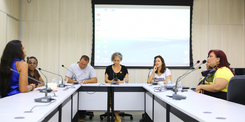 Vereadoras Cida Falabella e Bella Gonçalves, vereador Edmar Branco, Josiane Cecília Rosa da Silva Alves (representante da Endomarcha), Patrícia Gomes Vilaça (diretora voluntária do Endometriose Mulheres – Minas Gerais), Maria Helena Nogueira (presidente da Associação e Ministério Nacional e Universal de Endometriose, Infertilidade e Dor Crônica do Brasil Acalentar), Danielle Nunes Rosa de Oliveira (assessora parlamentar da Gabinetona), em reunião da Comissão de Mulheres, nesta segunda-feira (7/10)