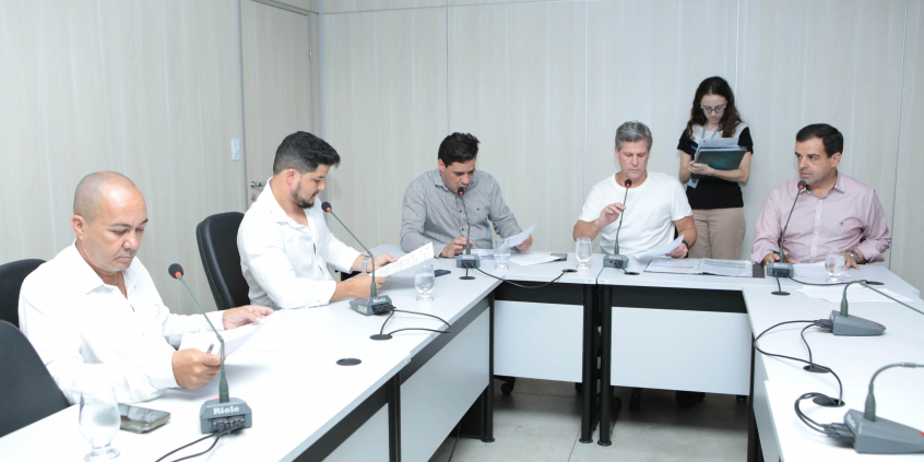 Imagem mostra os integrantes da comissão sentados à Mesa do Plenário; ao fundo, de pé, uma coordenadora do Processo Legislativo assessora a reunião.