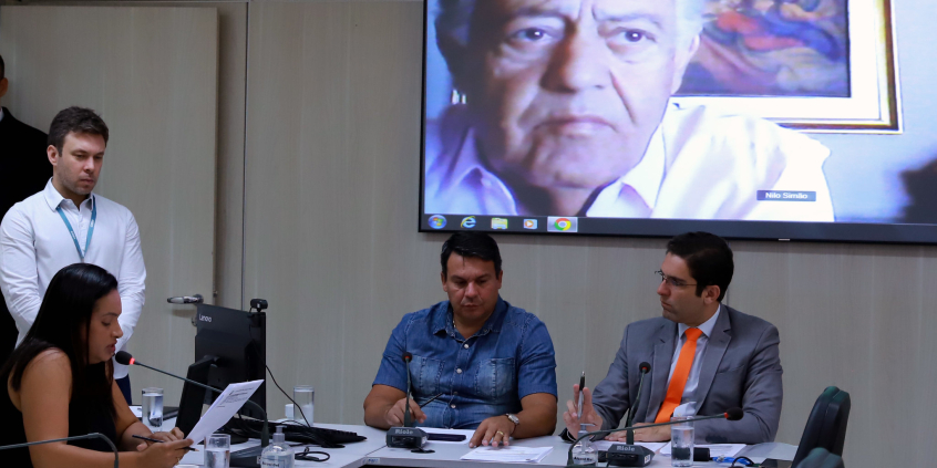 Integrantes da CPI sentados à mesa durante a oitiva. Atrás, no monitor, o depoente Nilo Simões 