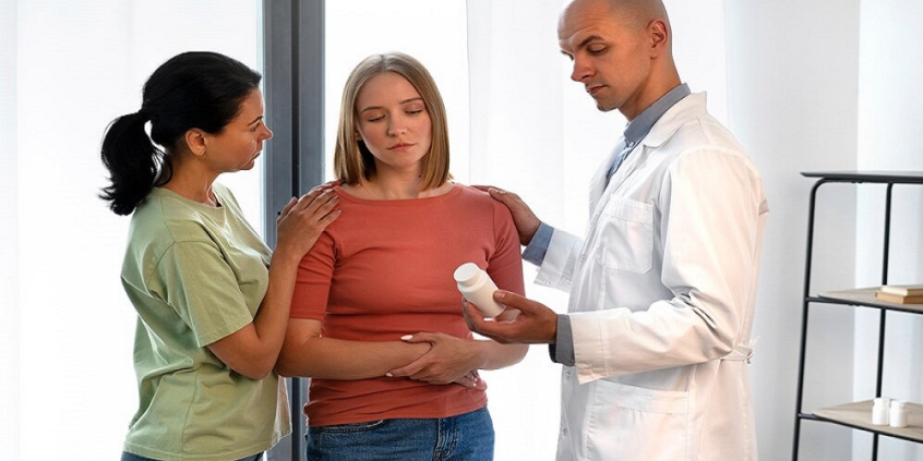 Da esquerda para a direita: mulher de camisa verde, de lado, com cabelo escuro preso em um rabo de cavalo, consola outra mulher à direita, com blusa laranja, com cabelo loiro e liso, ela tem tem uma expressão triste e leva as mãos à barriga. E mais à direita, um homem com jaleco branco, representando um médico, está de lado e mostra um pote de remédio para a mulher do meio, ele não tem cabelo.