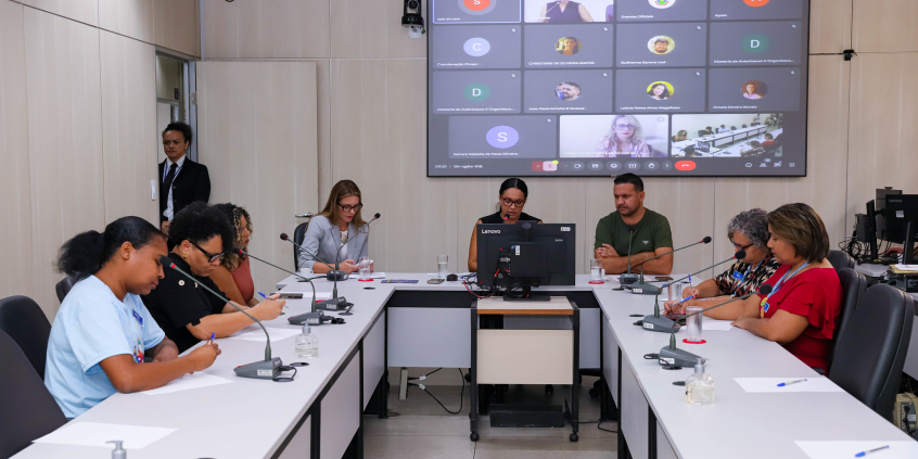 Vereadores e convidados da audiência estão sentados no plenário. O telão atrás deles mostra a videochamada com participantes presentes virtualmente.