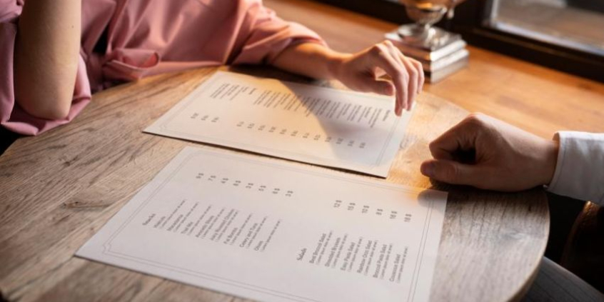 duas pessoas sentadas em uma mesa consultam cardápio de estabelecimento