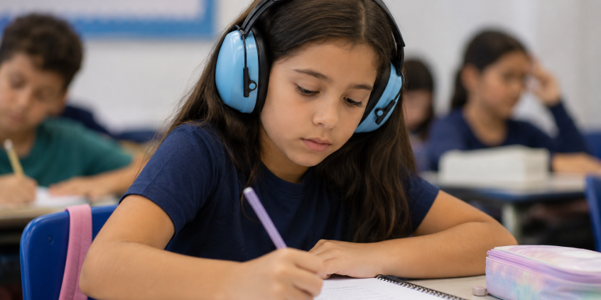 criança usa abafador de ruído em sala de aula