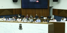 parlamentares e convidados compõem mesa de reunião