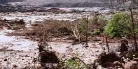 Lama de rejeitos cobrindo leito de rio e área de vegetação