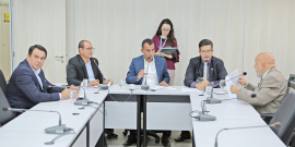 Os cinco integrantes da comissão estão sentados na Mesa do Plenário Helvécio Arantes; uma servidora está de pé atrás deles, assessorando a reunião