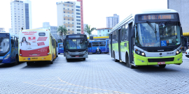 Quatro ônibus coletivos estão estacionados em um pártio