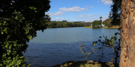 Foto da Lagoa da Pampulha com Igrejinha ao fundo, durante o dia.