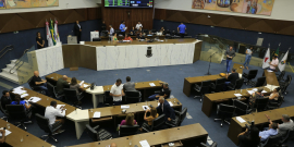 Imagem aérea do Plenário com destaque para os painéis de Yara Tupinambá 