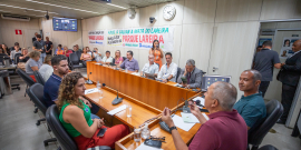 Imagem do Plenário Camil CAran lotado com participantes da audiência. Ao fundo , é possível ver faixas com dizes favoráveis a criação do parque do Lareira