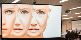 Imagem na tela do computador do rosto de uma mesma mulher causasiana em três momentos, identificando a passagem do tempo da vida