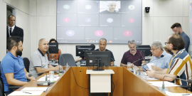 Seis parlamentares reunidos, sentados à mesa.