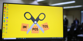 tela de computador exibe tesoura simulando corte de impostos