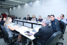 Parlamentares e convidados compõem mesa de reunião