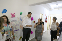 Vereador Irlan Melo, Ângela Braga Bezerra Silva (diretora da Escola Municipal Amynthas de Barros), Maria Elizabeth de Lima Coutinho (vice-diretora da escola) e Sylvio Malta (coordenador da Regional Oeste), em visita técnica à Escola Municipal Amynthas de Barros, nesta quarta-feira (9/10)