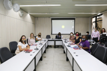 Sete mulheres, todas de máscara, sentadas ao redor de uma mesa em formato de "u", em uma sala. Ao fundo, um telão e à direita, um homem e uma mulher, de pé, e um homem ao fundo sentado diante de um computador, os três de mascara.