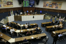 Imagem aérea do Plenário com destaque para os painéis de Yara Tupinambá 