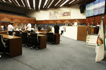 Mais de vinte parlamentares em sessão plenária.