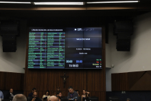 Telão do Plenário mostra lista de votos de vereadores a veto parcial de projeto de lei